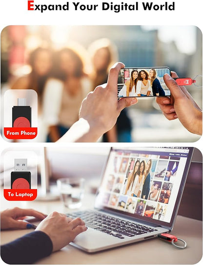 MOSDART 512GB USB3.1 Fast Speed C and A Dual Flash Drive, exFAT Memory Stick with Keychain and LED Indicator, for iPhone 15,16,17, Android Phone, iPad, MacBook, and Other Laptops, Red