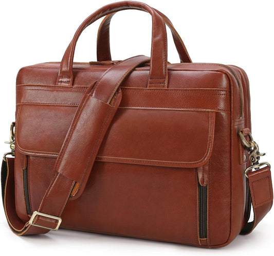 Masa Kawa Leather Briefcase for Men 15.6", 17" Laptop Computer Case Business Travel Work Messenger Cross Body Shoulder Bag