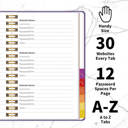 Password Book with Alphabetical Tabs, Password Keeper Book for Seniors, 5.8" X 8.2" Medium Size Password Notebook, Spiral Hardcover Password Journal Logbook for Website Logins, Purple