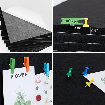 AKTOP Black Cork Bulletin Board 12x12, 1/2" Thick Felt Cork Board Tiles 12 Pack, Small Square Pin Board for Wall, Self Adhesive Corkboards with 120 Push Pin Wood Clips for School, Home & Office