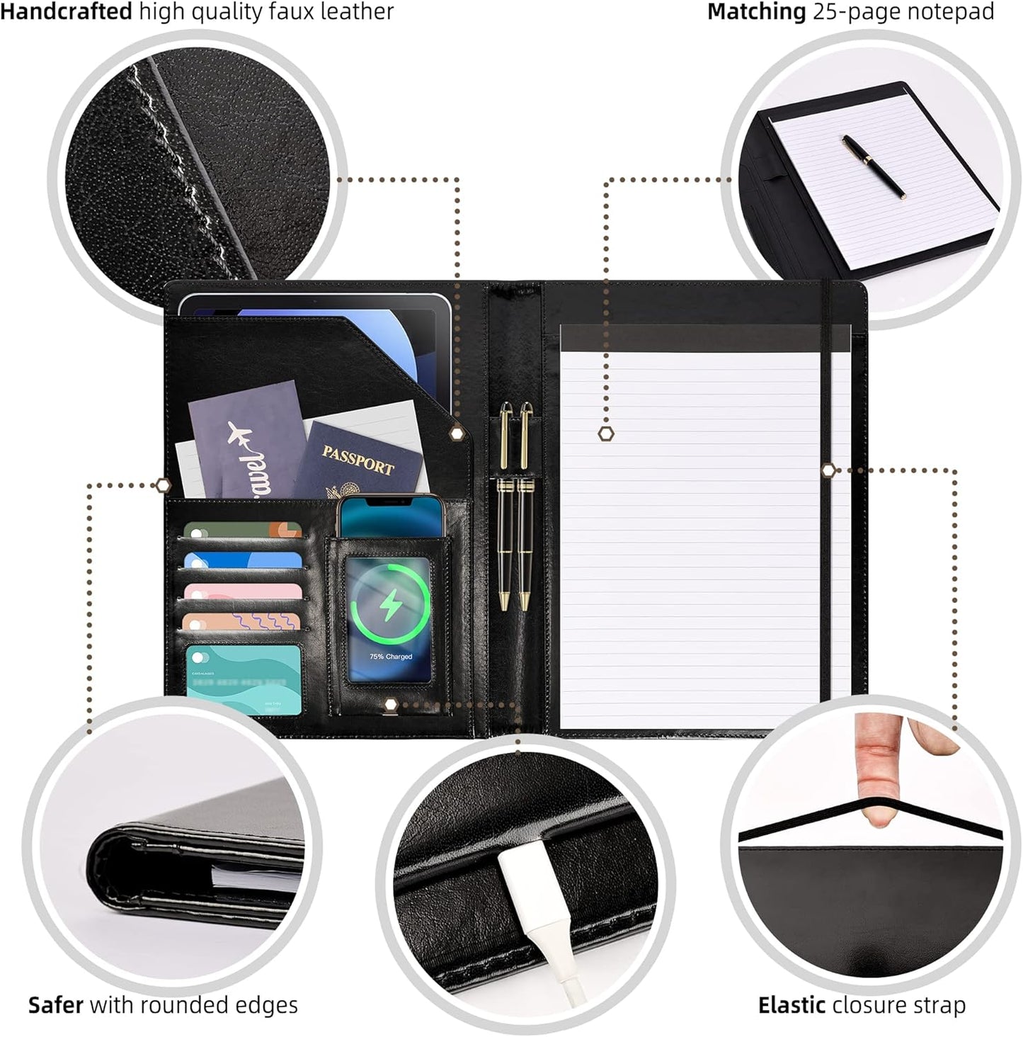 Leather Portfolio for Men Clipboard Notepad Business Black Padfolio Flexible Portfolios