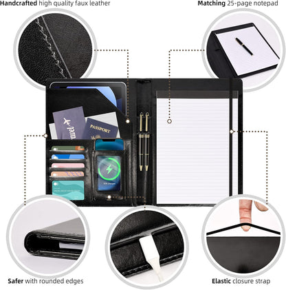 Leather Portfolio for Men Clipboard Notepad Business Black Padfolio Flexible Portfolios