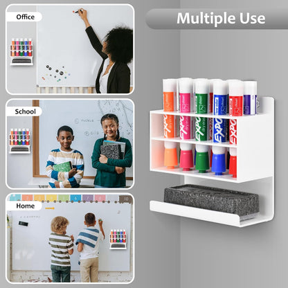 Dry Erase Marker Holder, Wall Mounted Acrylic Marker Holder with 10 Slots, Sticky Pen Storage for Classroom Organization, Whiteboard, Office, White
