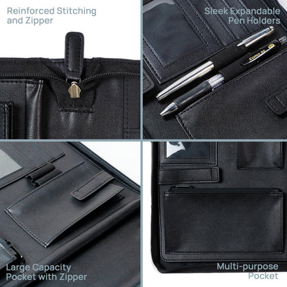 POPRUN Portfolio Binder with Zipper, Leather Padfolio Document Organizer with Storage, Professional Business Briefcase ideal for Meeting Presentation Work-Includes 50 Sheet Writing Pad, Black