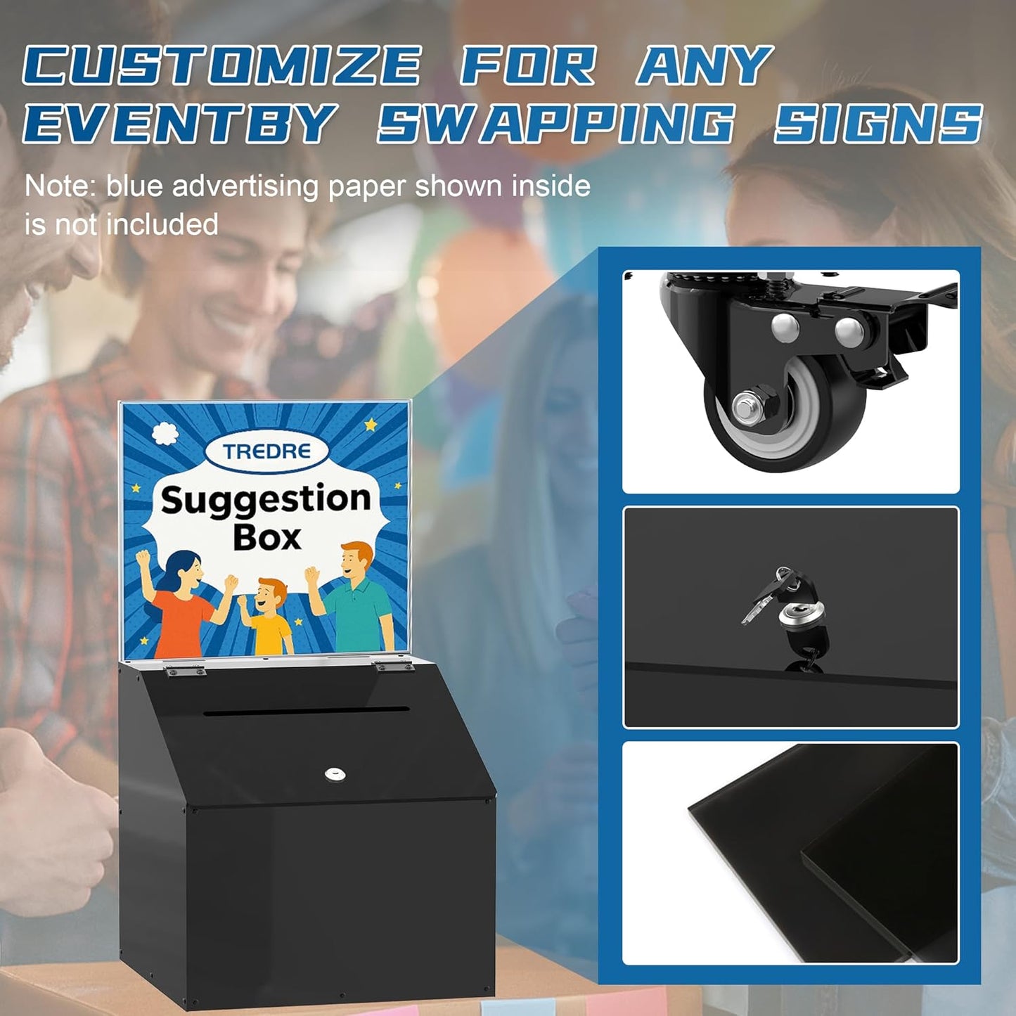 MOOFI Acrylic Suggestion Box with Lock and Key for Office, Home, Event Donation with Stand for Charity Church Collection Offering/Raffle Ballot Box with Sign Holder Display Stand (WithSignHolder)