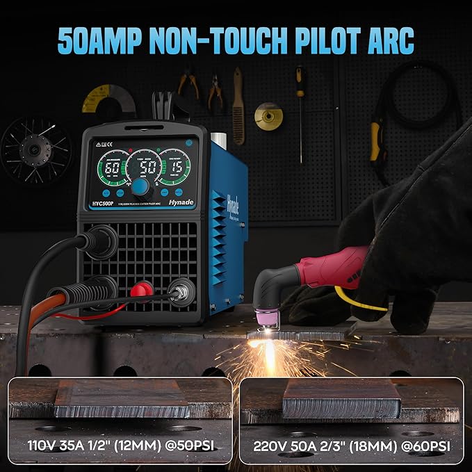 Plasma Cutter with Large LED Display, [Non-Touch Pilot Arc] [Air Sensor] hynade 50A Plasma Cutter Machine 110/220V Dual Voltage, IGBT Inverter, 1/2'' Clean Cut, 2T/4T for Beginners DIY(User Manual)