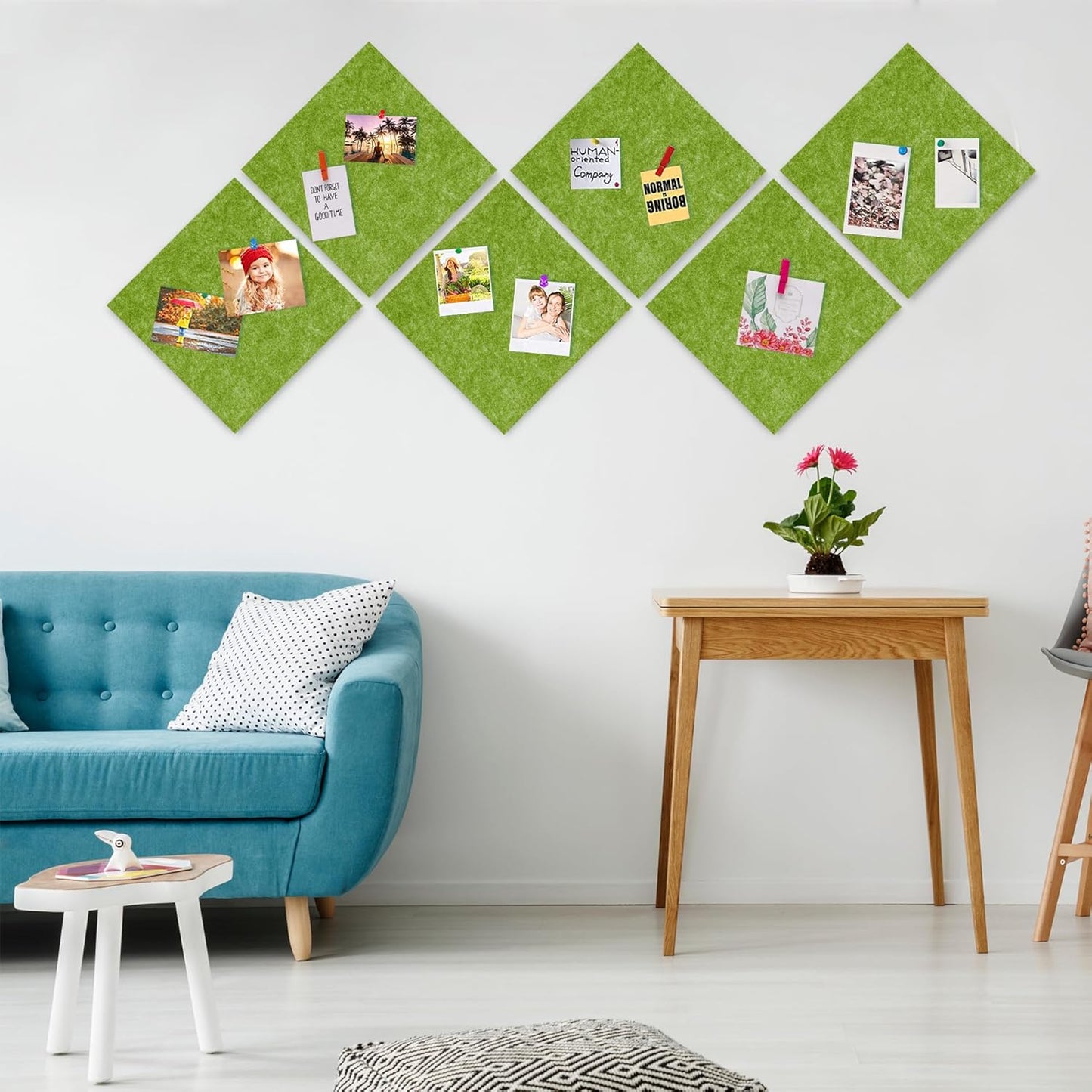 AKTOP Cork Bulletin Board 12x12, 1/2" Thick Felt Cork Board Tiles 6 Pack, Small Square Pin Board for Wall, Self Adhesive Corkboards with 60 Push Pin Wood Clips for School, Home & Office, Green