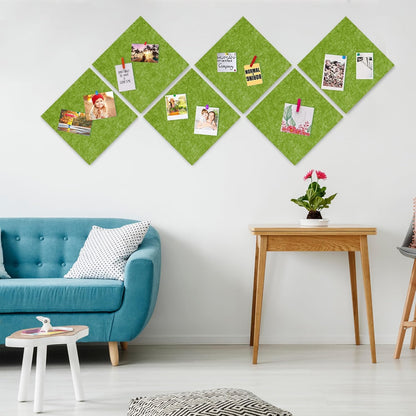 AKTOP Cork Bulletin Board 12x12, 1/2" Thick Felt Cork Board Tiles 6 Pack, Small Square Pin Board for Wall, Self Adhesive Corkboards with 60 Push Pin Wood Clips for School, Home & Office, Green