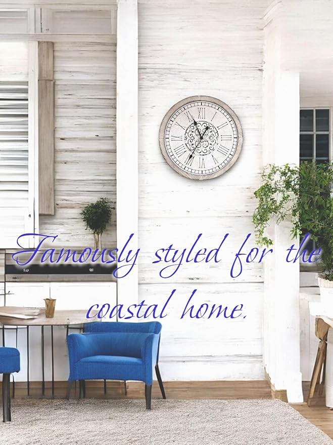 Large Decorative Vintage Worn Wall Clock - Big Farmhouse, Rustic, Coastal Decor - 25 inches for Living Room or Bedroom - Battery Operated