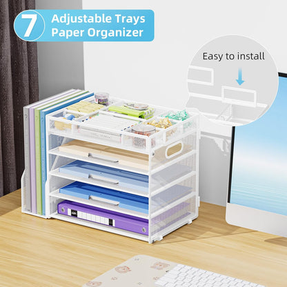 Marbrasse 5-Tier Desk Organizer with File Holder,Paper Letter Tray Organizer,Desktop File Organizer with Adjustable Compartments,Mesh Desk Organizers and Accessories for Office Supplies,White