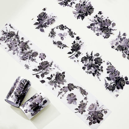 WT Rose Noir Wide PET Tape Gilded,Single Roll,Original Designs,Black Floral Decors,Transparent Clear Adhesive Tape,Gold Foil,Scrapbooks Junk Bujo Journals Planners DIY Crafts Supplies Gifts