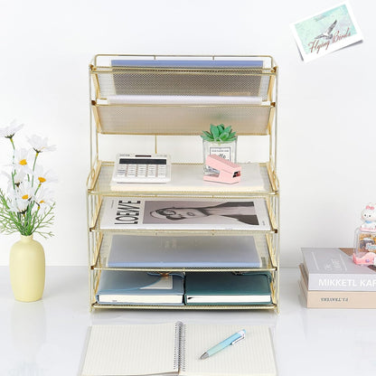 6-Tier Letter Tray Paper Organizer, Desk Organizers and Accessories, Desktop File Organizer, Office Desk Accessories for Office Supplies (Gold)