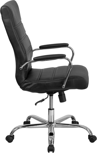 Flash Furniture Whitney High-Back Swivel LeatherSoft Desk Chair with Padded Seat and Armrests, Adjustable Height Padded Office Chair, Black/Chrome