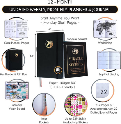 Life Planner - Undated Daily, Weekly & Monthly Planner with Budget Section | A 12 Month Journey to Increase Productivity & Happiness | Life Organizer & Gratitude Journal - Horizontal Format