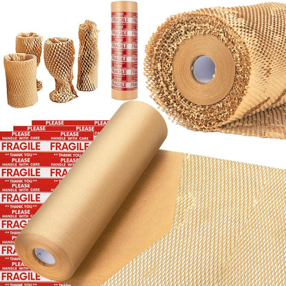 Honeycomb Packing Paper, MINHAO 15"x100' Eco Friendly Packing Paper for Moving Recyclable Honeycomb Paper Moving Supplies Bubble Paper Wrapping Protective Roll, With 36 Fragile Sticker Labels