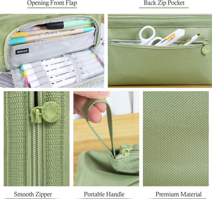 Pencil Case Pouch Large Capacity with Compartments, Pencil Case Pouch Bag with Zipper Handle for Teen Girls Boys Adults Women Men, Portable Pen Bag Stationery Organizer for Office School Travel, Green