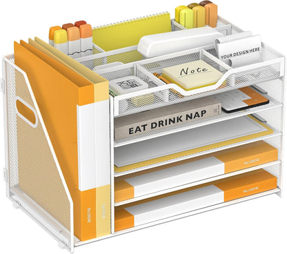 5 Tier Paper Letter Tray with File Holder and 3 Drop-in Pen Holders, Mesh Desk File Organizer with Handle, Desk Organizers and Accessories for School,Home, Office Supplies Storage-White