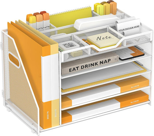 5 Tier Paper Letter Tray with File Holder and 3 Drop-in Pen Holders, Mesh Desk File Organizer with Handle, Desk Organizers and Accessories for School,Home, Office Supplies Storage-White