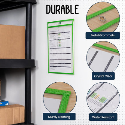 Essex Wares - 5 Pack, Green, Job Ticket Holders, 10" Wide x 13.5" Tall - Clear Plastic Shop Ticket Holders - Easy to Use, Reusable & Easy Erase Plastic Invoice Holders, Water-Resistant & Durable
