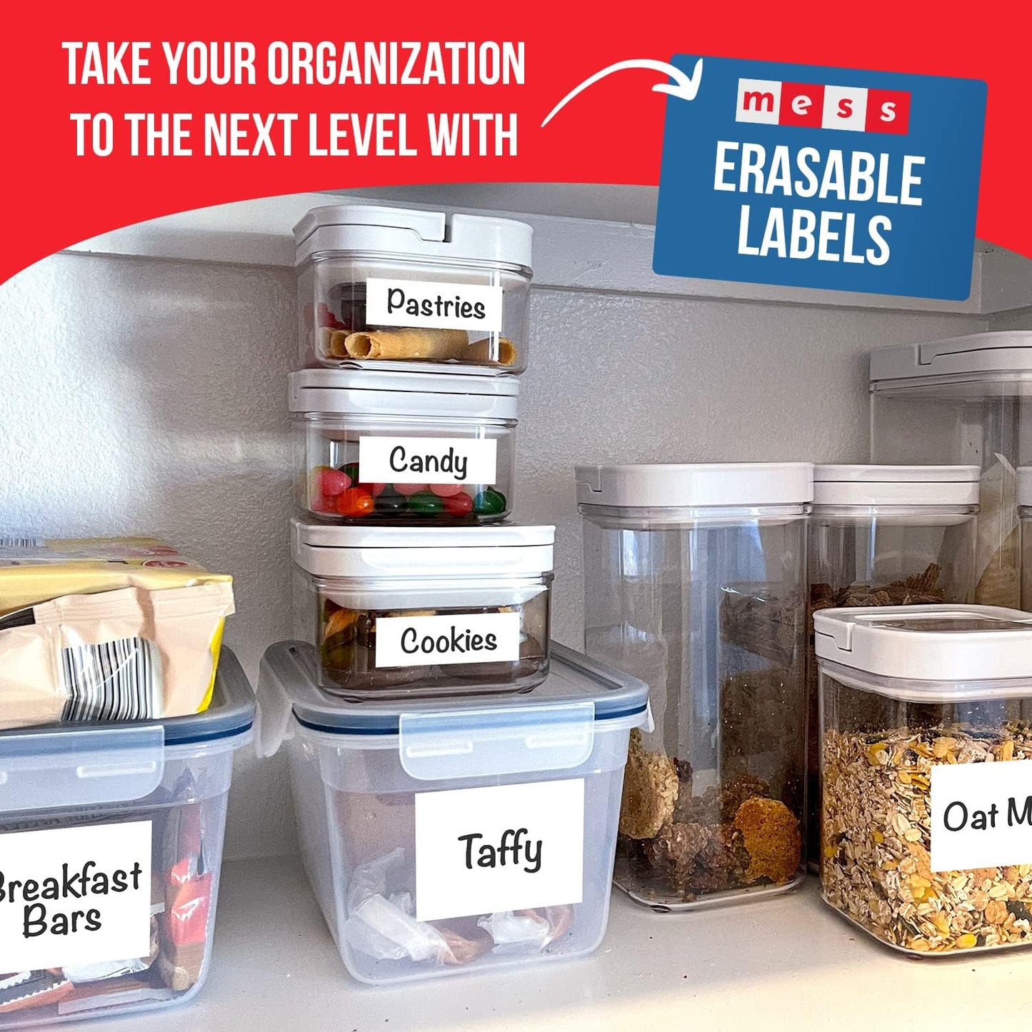 MESS Reusable Kitchen Labels – White Dry Erase, 3x4 in, 48-Pack – Erasable Organizing Stickers for Fridge & Freezer