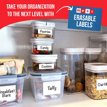 MESS Reusable Kitchen Labels – White Dry Erase, 3x4 in, 48-Pack – Erasable Organizing Stickers for Fridge & Freezer
