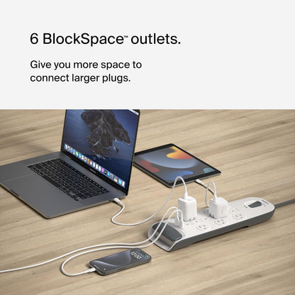 Belkin USB Power Strip Surge Protector - 12 AC Multiple Outlets & 2 USB Ports - 6 ft Long Flat Plug Extension Cord for Home, Office, Travel, Computer Desktop & Charging Brick - White (3,996 Joules)