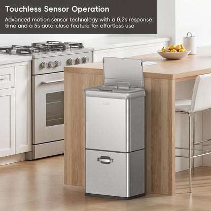 EKO Vintage 50L / 13.2 Gallon Motion Sensor Trash Can, Dual Compartment 32L + 18L Stainless Steel Kitchen Garbage Bin, Touchless Automatic Waste & Recycling Bin with Lid for Home or Office