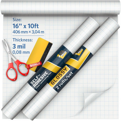 Self Adhesive Clear Laminating Roll 2 Pack 16" x 10' Each, Glossy Laminate Roll for Crafts, Clear Contact Paper Peel and Stick, Durable Laminating Film Roll 3 MIL