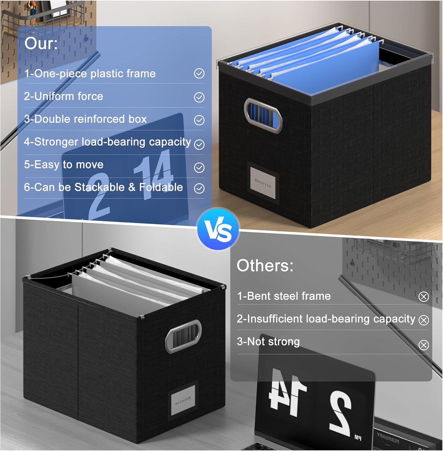 File Organizer Box - File Boxes for Hanging Files with Lid Set of 2 Decorative Hanging Folders Letter Size Organizer with One-Piece Plastic Frame Slides (Black, 13.2 * 10.1 * 10.1in(2Pack))