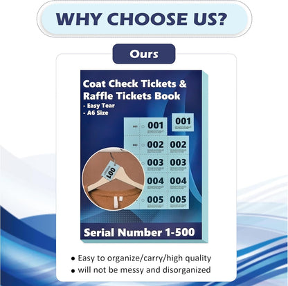500 Pcs Coat Check Tickets 2 Part Book Bulk 5.8x4.2 Inch A6 Paper Coat Room Tags Raffle Tickets Coat Check Tags 1 to 500 with Hole for Cloakroom Storage or Event Raffle Draws (Blue) (1)