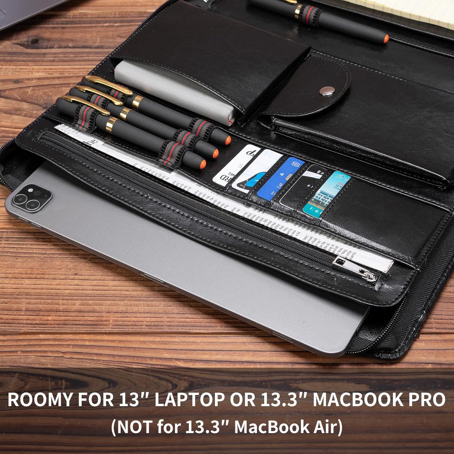 Vegan Leather Portfolio with Front Pocket for Men and Women, Zippered Padfolio Binder 8.5 x 11 Legal Pad Notebook Holder, Fits 13” Laptop, Professional Work File Case, Black