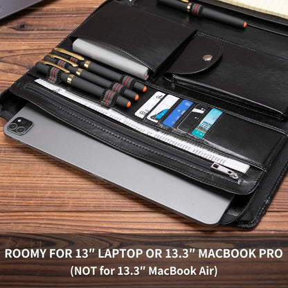 Vegan Leather Portfolio with Front Pocket for Men and Women, Zippered Padfolio Binder 8.5 x 11 Legal Pad Notebook Holder, Fits 13” Laptop, Professional Work File Case, Black