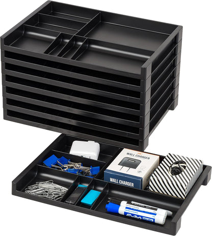 IRIS USA 14" x 10" Stacking Desktop Organizer Tray with Built-In Divider, 8 Pack, Plastic Storage Container for Stationery Art Craft Supplies Office Desk Drawer and Small Business Organization, Black