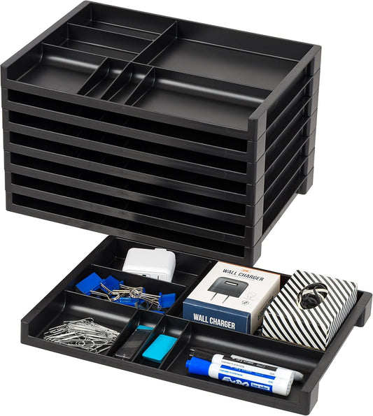 IRIS USA 14" x 10" Stacking Desktop Organizer Tray with Built-In Divider, 8 Pack, Plastic Storage Container for Stationery Art Craft Supplies Office Desk Drawer and Small Business Organization, Black