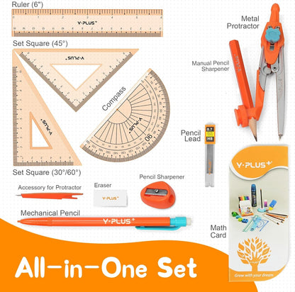 YPLUS Geometry Set for Students, Math Protractor Compass with Rulers Mechanical Pencil, Box of Protactors Kit for Class Supplies and School Kids Toddler - 12 Pcs, Back to School Supplies for Kids