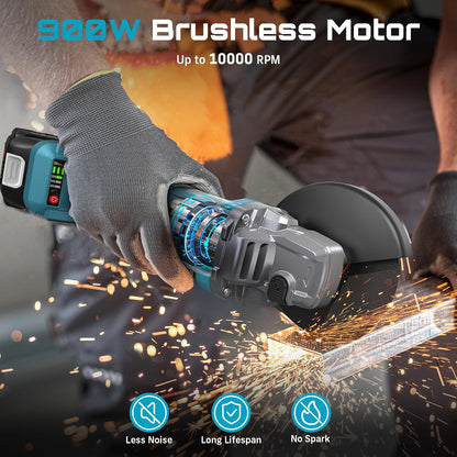 SEESII Cordless Angle Grinder 4-1/2 Inch, 21V Brushless Battery Grinder Tool with 2X 4.0Ah Batteries, 10000RPM for Metal Cutting, Grinding, Polishing, Rust Removal (Blue)