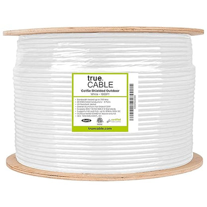trueCABLE Cat5e Outdoor, Shielded F/UTP, 1000ft, UV Resistant, CMX Rated, White, 24AWG Solid Bare Copper, 350MHz, PoE++ (4PPoE), ETL Listed, Bulk Ethernet Cable