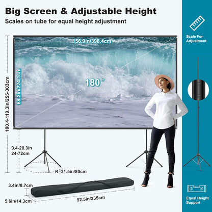 Outdoor Projector Screen with Stand 180 inch 16:9, Portable Projector Screen, 1.5 High Gain Fiberglass, Sturdy Backing, Wind-Resistant Movie Screen, Tripod/Wall Mounted, for Home Cinema/Backyard Party