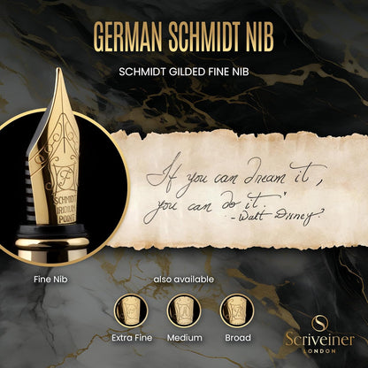 Scriveiner Black Lacquer Fountain Pen - Stunning Luxury Pen, Real Gold Plating, Schmidt Gilded Nib (Fine), Best Pen Gift Set for Men & Women, Professional, Executive, Office, Nice Pens