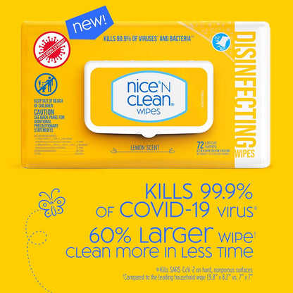 Nice 'N Clean Disinfecting Surface Wipes 72ct | Cleans & Disinfects Home & Kitchen Surfaces | Lemon Scent