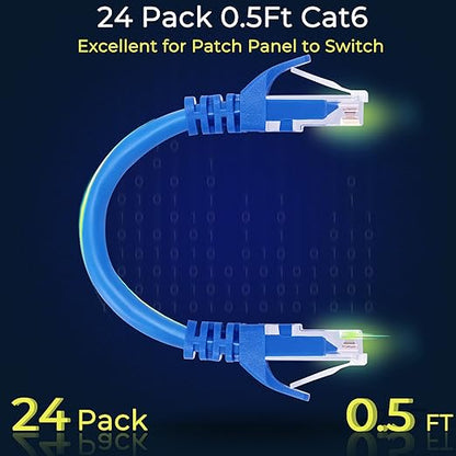 Rapink Patch Cables Cat6 0.5ft (24 Pack), Ethernet Patch Cable 10G, Cat 6 Patch Cable for Patch Panel to Switch, Flexiable Cat 6 Ethernet Cable with Gold Plated Blue