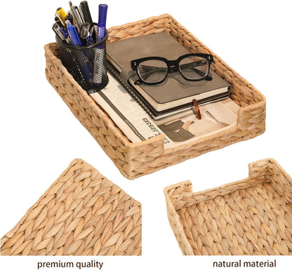 PINXIURY Water Hyacinth Letter Tray for A4 File Desk Mail Letter-Size Paper, Basket Woven Organizer, Magazine Files Storage, Office Document Organizer and Storage