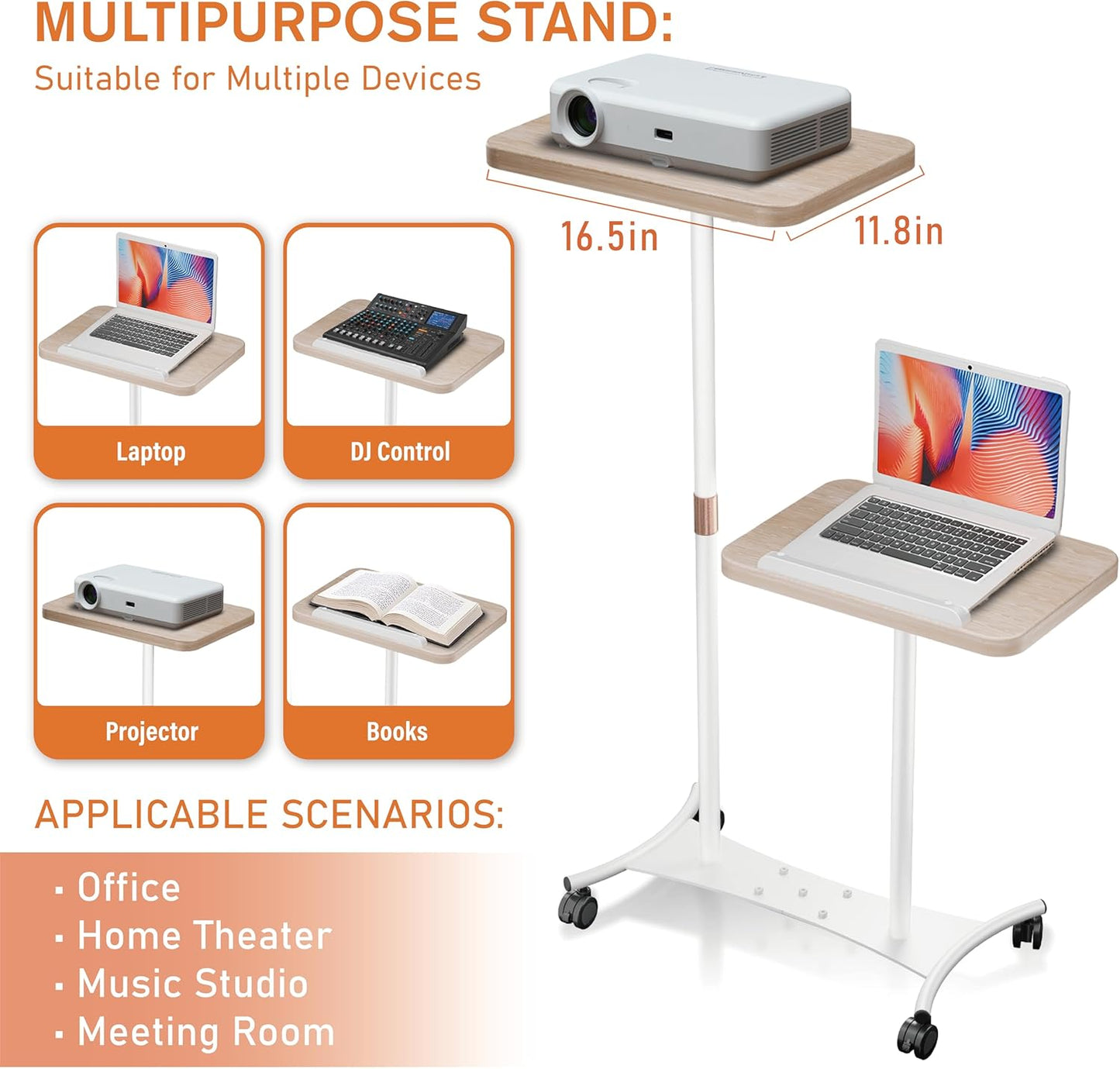 2 Shelves Projector Stand, Mobile Laptop Cart on Wheels Projector Stand Adjustable Height 20 to 53 Inches, Overbed Table with 5 Lockable Casters, Rolling Laptop Floor Stand for Couch (White)