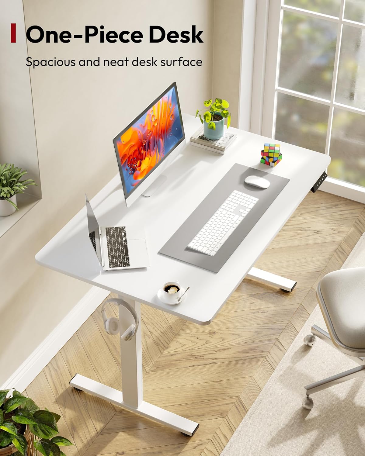 SANODESK Electric Standing Desk 48 x 30 Inches Whole-Piece Desktop Height Adjustable Stand Up Desk w/6-Button Controller Ergonomic Computer Desk for Home Office, White Frame + White Tabletop