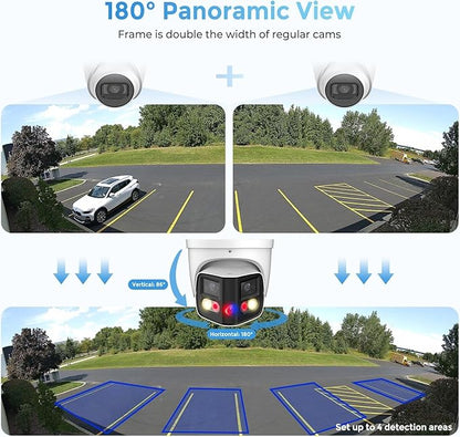 Dual-Lens 4K (8MP) TiOC Outdoor POE Camera - 2 x 4MP Duo 180° Panoramic Wide Angle AI Turret IP Camera, Dual Color Night, DMSS, Active Detterence, 2-Way Audio, Human/Vehicle Detection