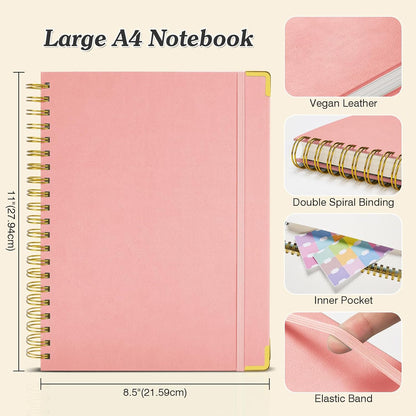 Bullet Dotted Journal Spiral Notebook, 300 Pages Leather Notebooks with Contens, 120 GSM Thick No Bleed Through Paper Journals, A4 Large Dot Grid Notebook for Women Men Work Writing, 8.5" x 11", Pink