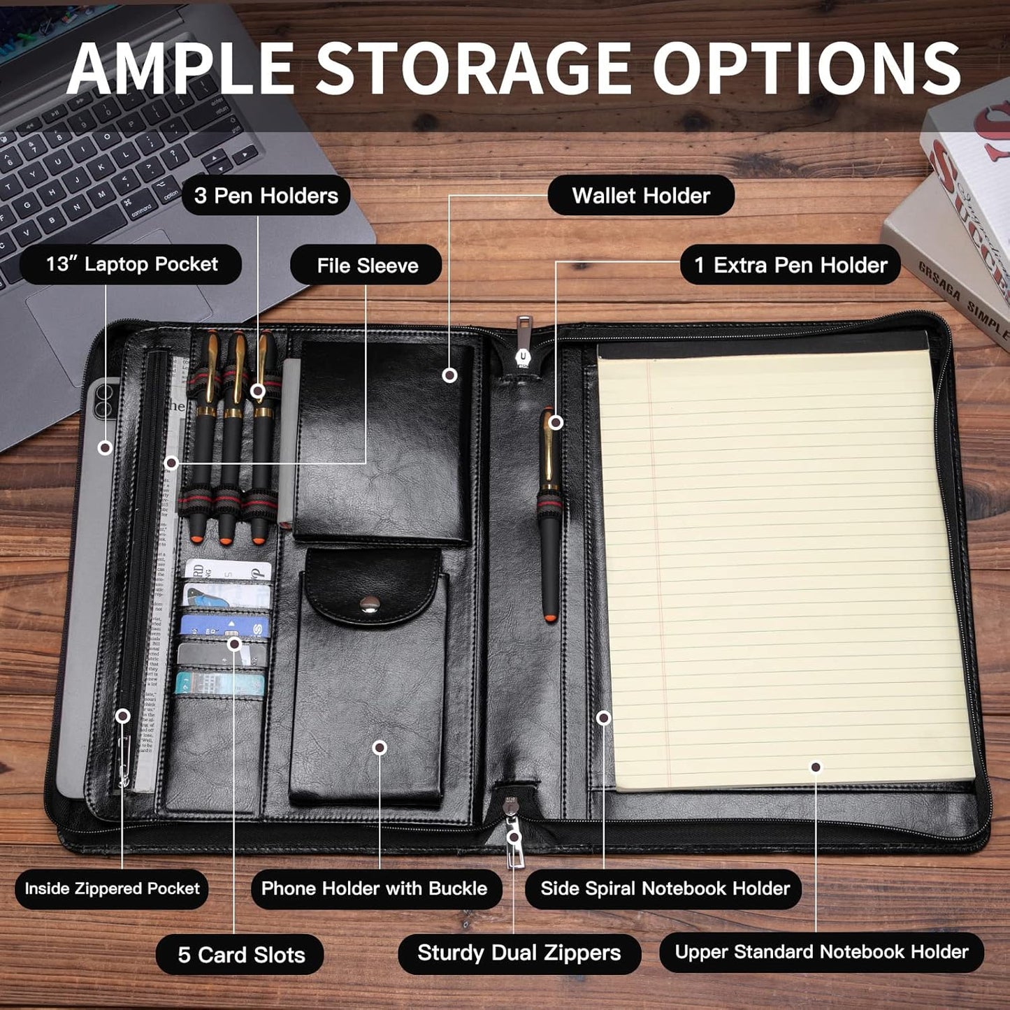 Vegan Leather Portfolio with Front Pocket for Men and Women, Zippered Padfolio Binder 8.5 x 11 Legal Pad Notebook Holder, Fits 13” Laptop, Professional Work File Case, Black