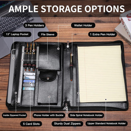 Vegan Leather Portfolio with Front Pocket for Men and Women, Zippered Padfolio Binder 8.5 x 11 Legal Pad Notebook Holder, Fits 13” Laptop, Professional Work File Case, Black