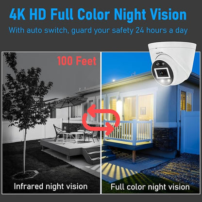 JideTech 8MP PoE IP Turret Camera Outdoor, Metal 4K IP Dome Camera Indoor, 2.8mm Lens Wide Angle, Human Vehicle Motion Detection, 98ft Dual Light Color Night Vision, IP66, RTSP,for Onvif NVR