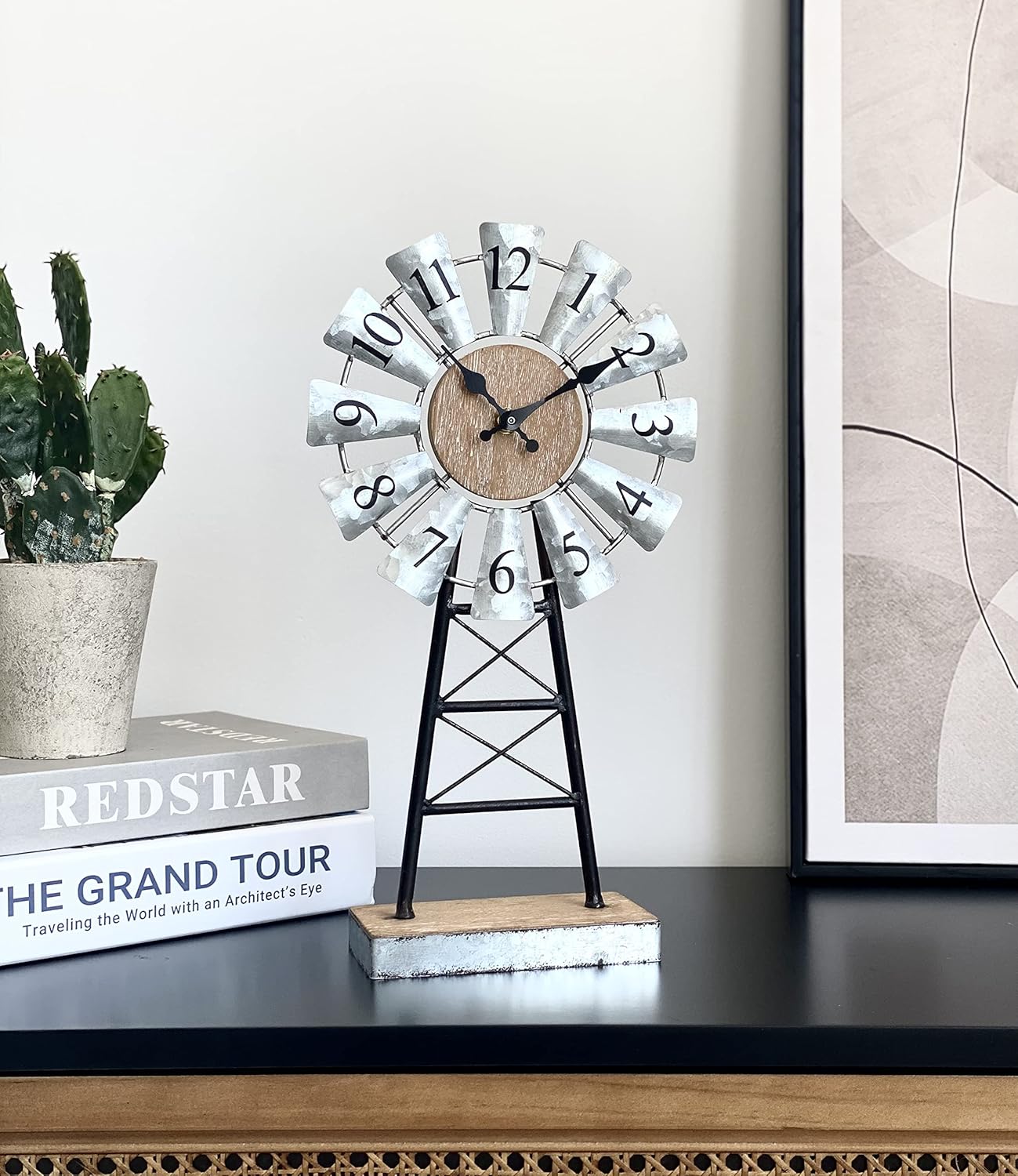 MODE HOME Farmhouse Windmill Desk Clock - 15.75 Inch Galvanized Metal Table Clock with Blades, Small Decorative Office Clock, Battery Operated Rustic Farmhouse Clock for Tabletop & Shelf Decor